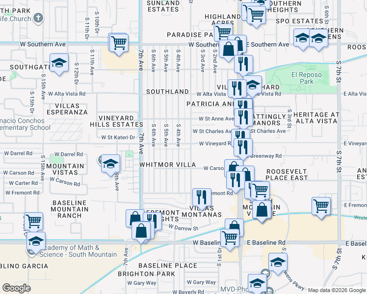 map of restaurants, bars, coffee shops, grocery stores, and more near 6825 South 4th Avenue in Phoenix