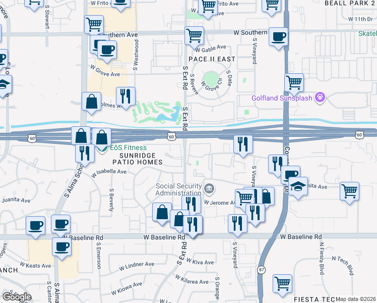 map of restaurants, bars, coffee shops, grocery stores, and more near 1666 South Extension Road in Mesa