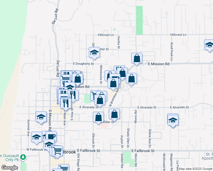 map of restaurants, bars, coffee shops, grocery stores, and more near 1425 South Mission Road in Fallbrook