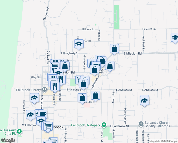 map of restaurants, bars, coffee shops, grocery stores, and more near 733 East Mission Road in Fallbrook