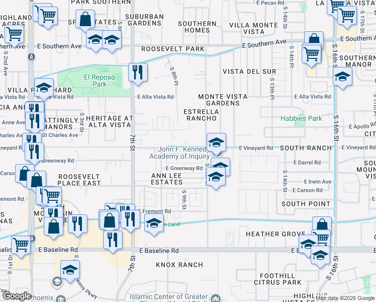 map of restaurants, bars, coffee shops, grocery stores, and more near 835 East Darrel Road in Phoenix