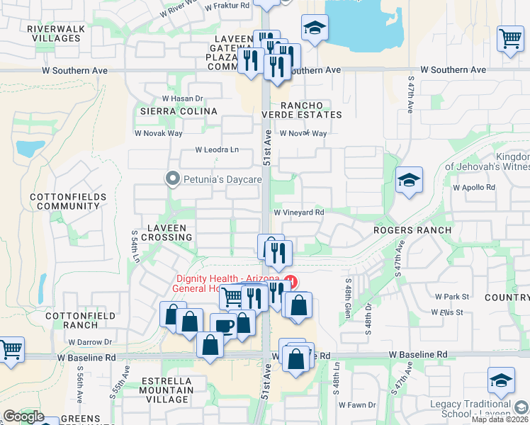 map of restaurants, bars, coffee shops, grocery stores, and more near S 51st Ave & W Vineyard Rd in Phoenix