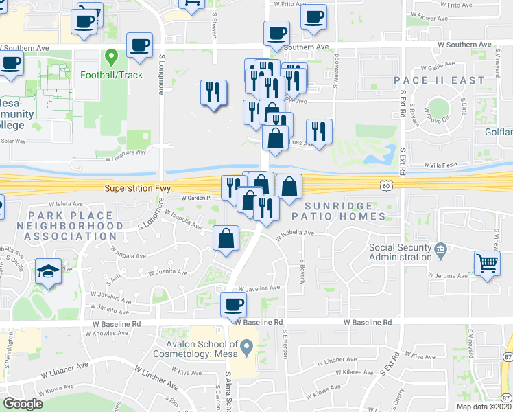 map of restaurants, bars, coffee shops, grocery stores, and more near 1656 South Alma School Road in Mesa