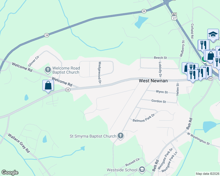 map of restaurants, bars, coffee shops, grocery stores, and more near 94 Franklin Road in Newnan