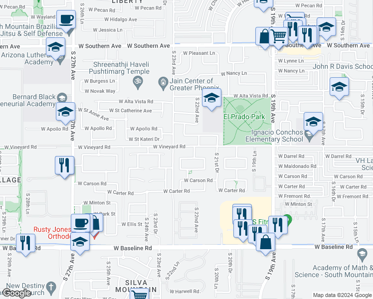 map of restaurants, bars, coffee shops, grocery stores, and more near 2211 West Vineyard Road in Phoenix