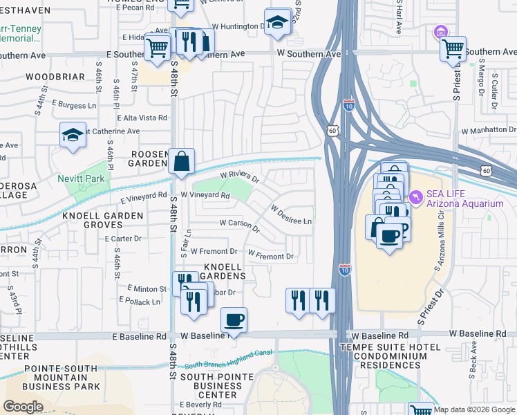 map of restaurants, bars, coffee shops, grocery stores, and more near 4365 South Potter Drive in Tempe