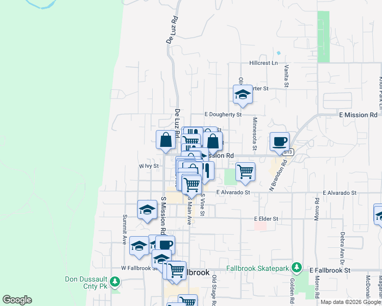 map of restaurants, bars, coffee shops, grocery stores, and more near 2 East Mission Road in Fallbrook