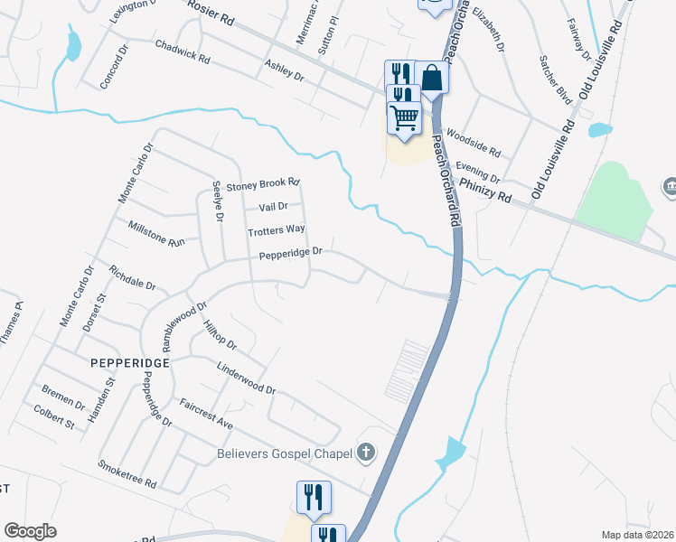map of restaurants, bars, coffee shops, grocery stores, and more near 2138 Pepperidge Drive in Augusta