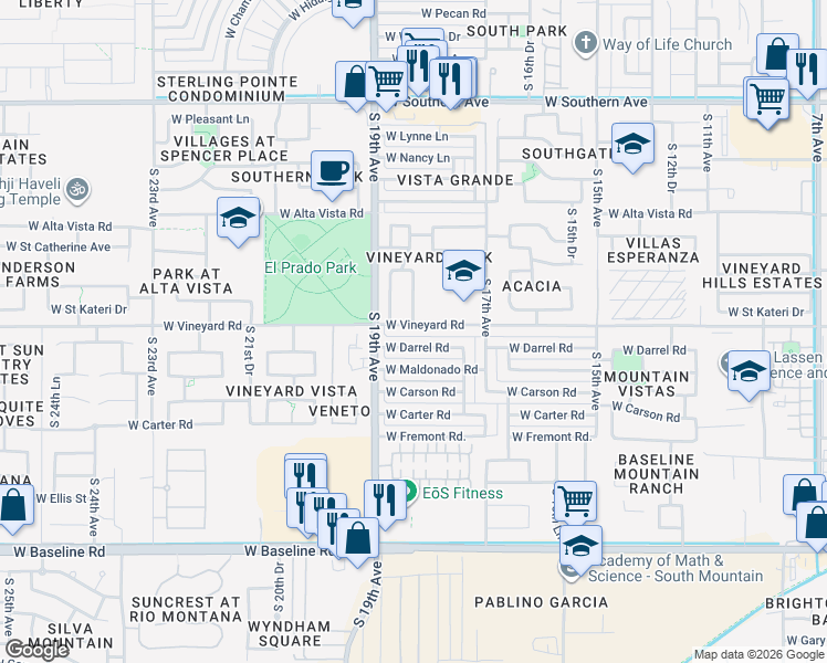 map of restaurants, bars, coffee shops, grocery stores, and more near 6632 South 18th Drive in Phoenix