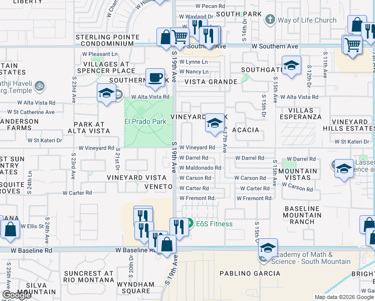 map of restaurants, bars, coffee shops, grocery stores, and more near 6632 South 18th Drive in Phoenix