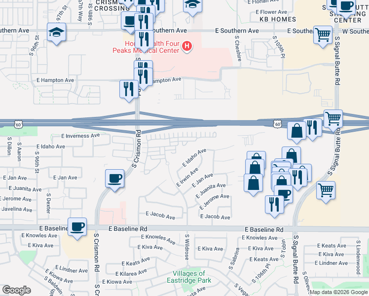 map of restaurants, bars, coffee shops, grocery stores, and more near 10139 East Isleta Avenue in Mesa
