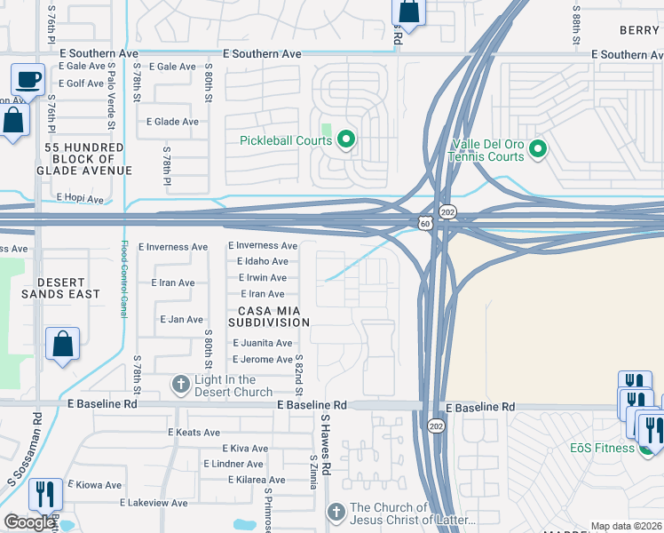 map of restaurants, bars, coffee shops, grocery stores, and more near 8218 East Inverness Avenue in Mesa