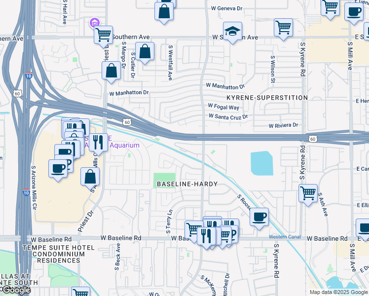 map of restaurants, bars, coffee shops, grocery stores, and more near 4502 South Hardy Drive in Tempe