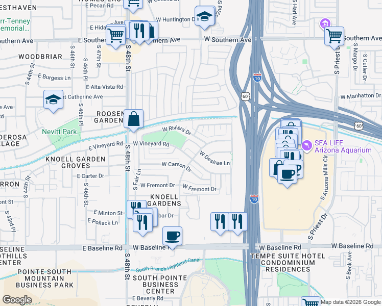 map of restaurants, bars, coffee shops, grocery stores, and more near 4365 South Potter Drive in Tempe