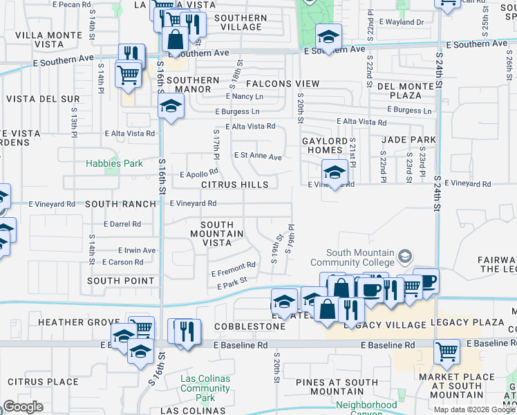 map of restaurants, bars, coffee shops, grocery stores, and more near 1827 East Saint Charles Avenue in Phoenix