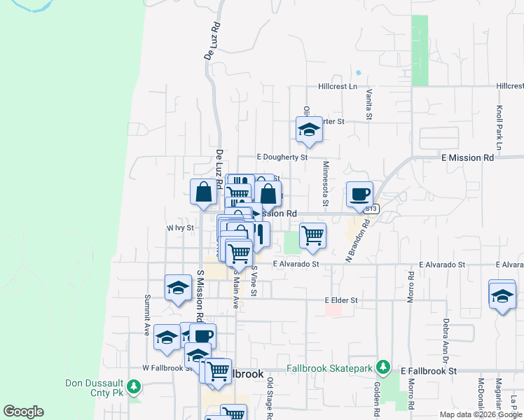map of restaurants, bars, coffee shops, grocery stores, and more near 438 North Vine Street in Fallbrook