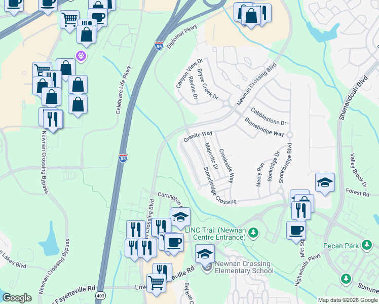 map of restaurants, bars, coffee shops, grocery stores, and more near 148 Stonebridge Crossing in Newnan