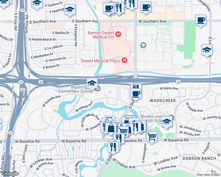 map of restaurants, bars, coffee shops, grocery stores, and more near 2146 West Isabella Avenue in Mesa