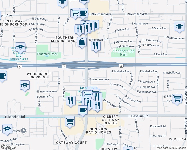 map of restaurants, bars, coffee shops, grocery stores, and more near 3 East Windemere Apartment in Mesa