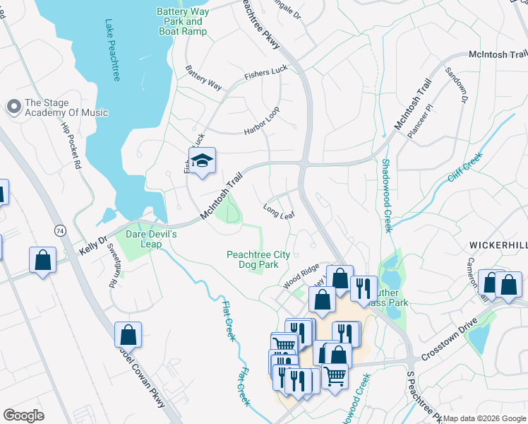 map of restaurants, bars, coffee shops, grocery stores, and more near 131 Long Leaf in Peachtree City