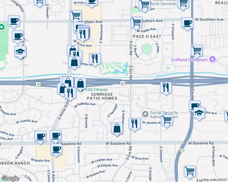 map of restaurants, bars, coffee shops, grocery stores, and more near 1666 South Extension Road in Mesa