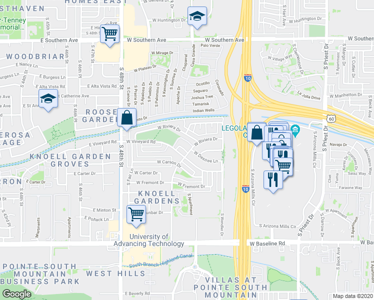 map of restaurants, bars, coffee shops, grocery stores, and more near 2326 West Desiree Lane in Tempe