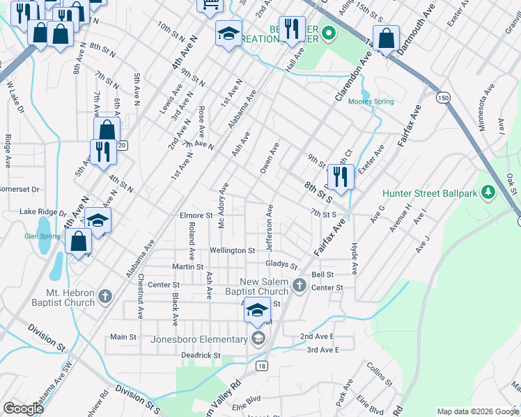 map of restaurants, bars, coffee shops, grocery stores, and more near 315 6th Street South in Bessemer