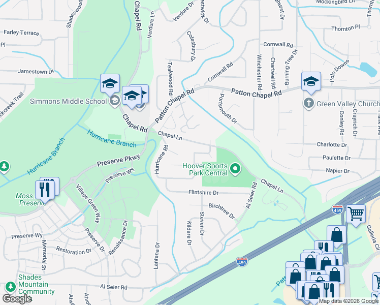 map of restaurants, bars, coffee shops, grocery stores, and more near 3434 Chapel Lane in Birmingham