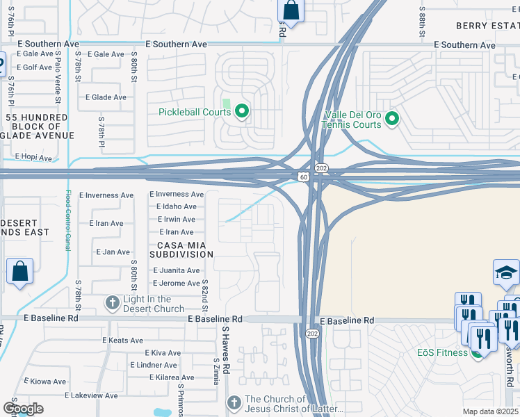 map of restaurants, bars, coffee shops, grocery stores, and more near Highway 202 Loop in Mesa