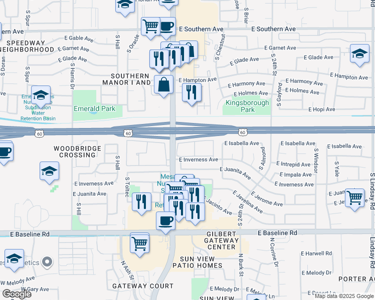 map of restaurants, bars, coffee shops, grocery stores, and more near 3 East Windemere Apartment in Mesa