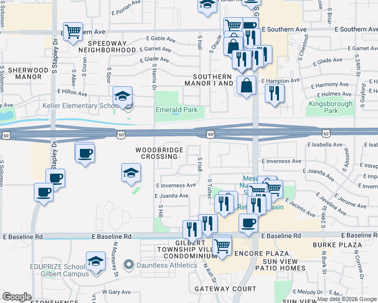 map of restaurants, bars, coffee shops, grocery stores, and more near 1742 East Isabella Avenue in Mesa