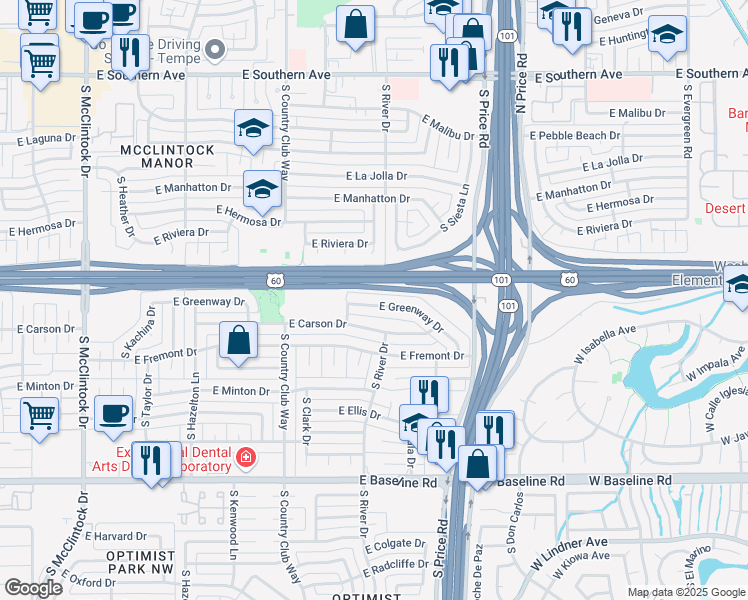 map of restaurants, bars, coffee shops, grocery stores, and more near 2074 East Greenway Drive in Tempe