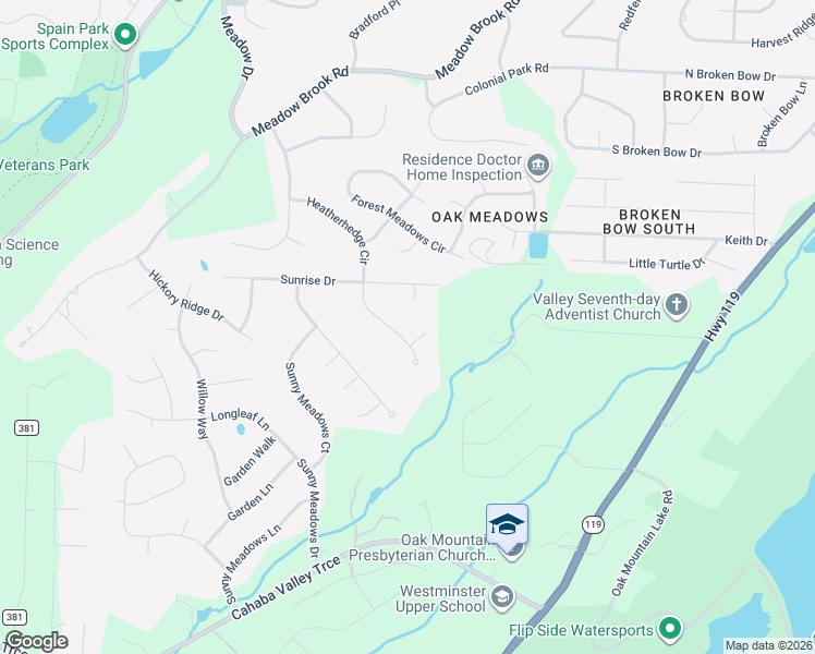 map of restaurants, bars, coffee shops, grocery stores, and more near 5444 Sunrise Drive in Birmingham