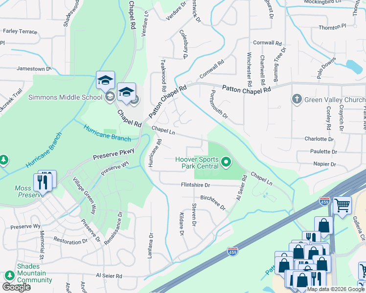 map of restaurants, bars, coffee shops, grocery stores, and more near 3434 Chapel Lane in Birmingham