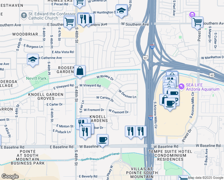 map of restaurants, bars, coffee shops, grocery stores, and more near 2359 West Desiree Lane in Tempe