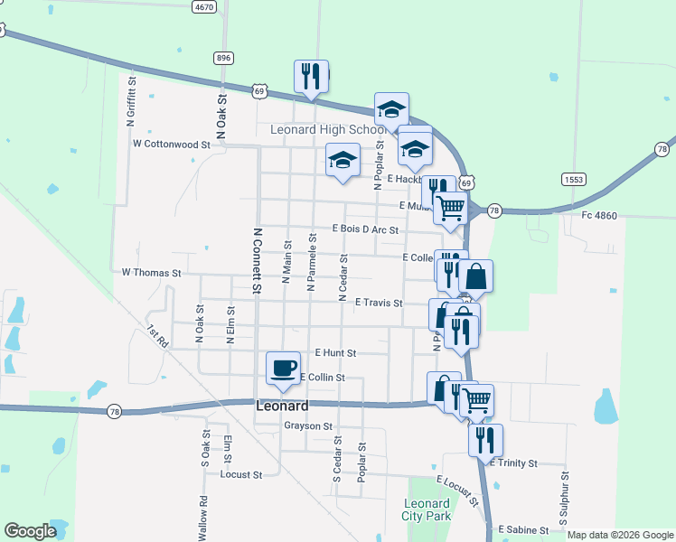 map of restaurants, bars, coffee shops, grocery stores, and more near 301 East College Street in Leonard