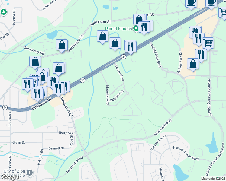 map of restaurants, bars, coffee shops, grocery stores, and more near 14 Madrid Avenue in Newnan