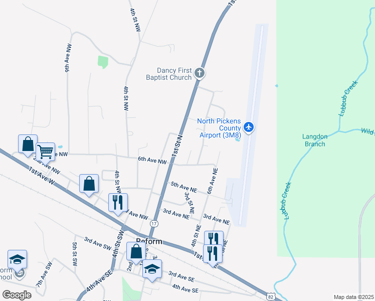 map of restaurants, bars, coffee shops, grocery stores, and more near 601-603 1st St N in Reform
