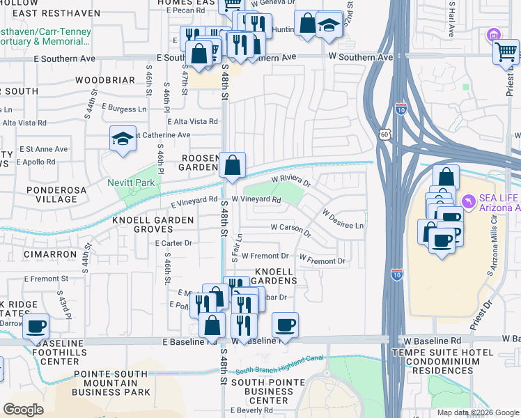 map of restaurants, bars, coffee shops, grocery stores, and more near 2617 West Vineyard Road in Tempe