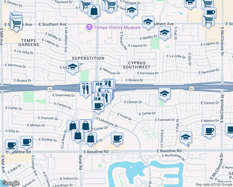 map of restaurants, bars, coffee shops, grocery stores, and more near 1038 East Greenway Drive in Tempe