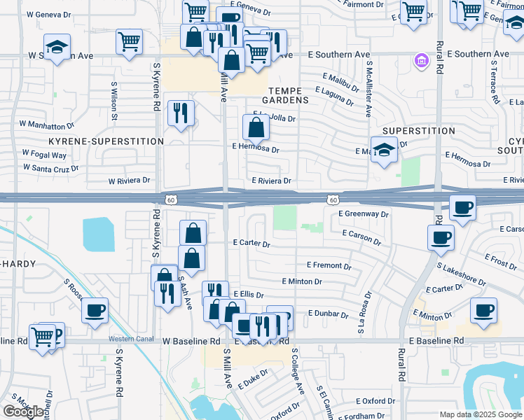 map of restaurants, bars, coffee shops, grocery stores, and more near 4410 South Grandview Avenue in Tempe