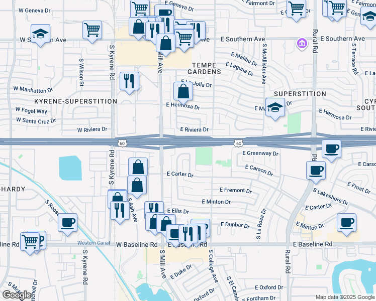 map of restaurants, bars, coffee shops, grocery stores, and more near 4410 South Grandview Avenue in Tempe