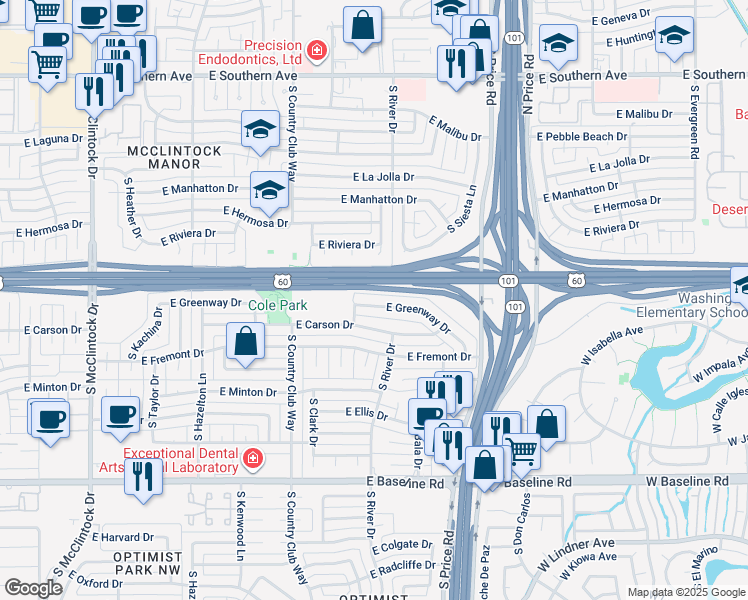 map of restaurants, bars, coffee shops, grocery stores, and more near 2074 East Greenway Drive in Tempe