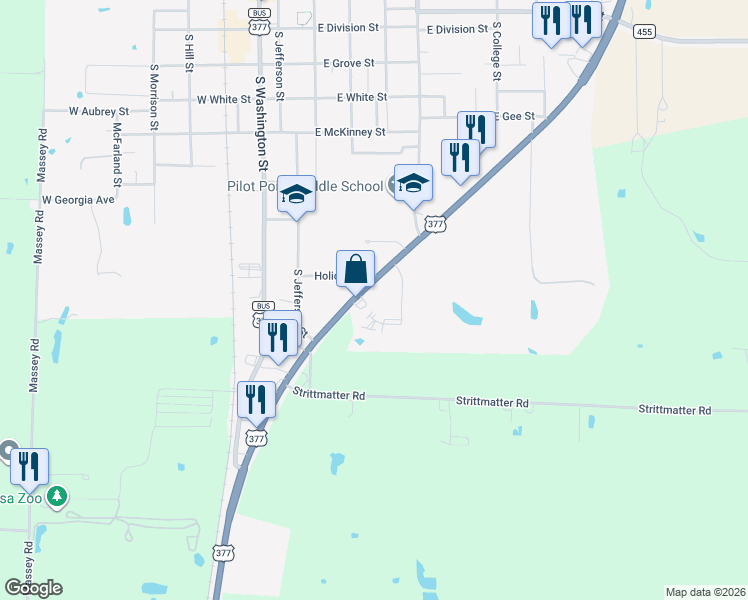 map of restaurants, bars, coffee shops, grocery stores, and more near 251 Holiday Street in Pilot Point