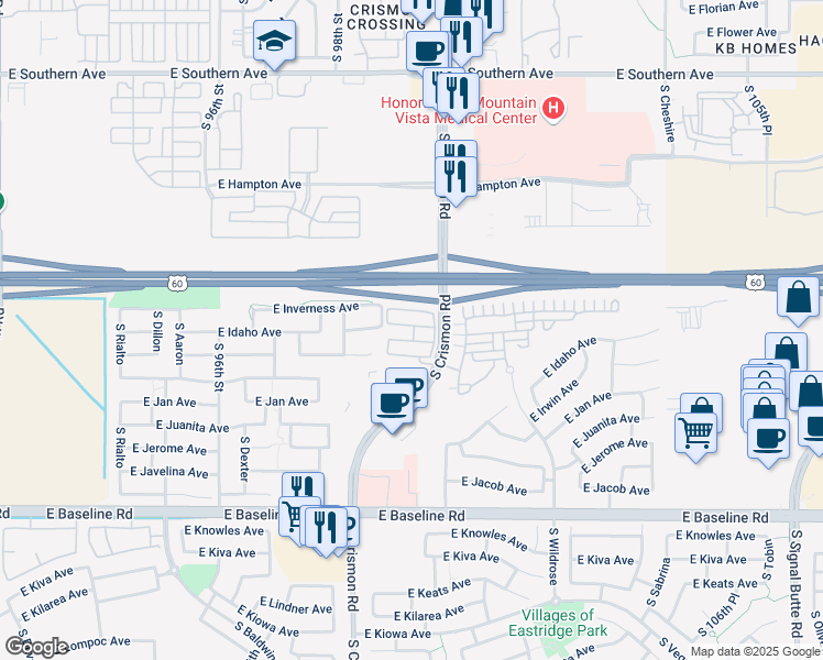 map of restaurants, bars, coffee shops, grocery stores, and more near 1650 South Crismon Road in Mesa