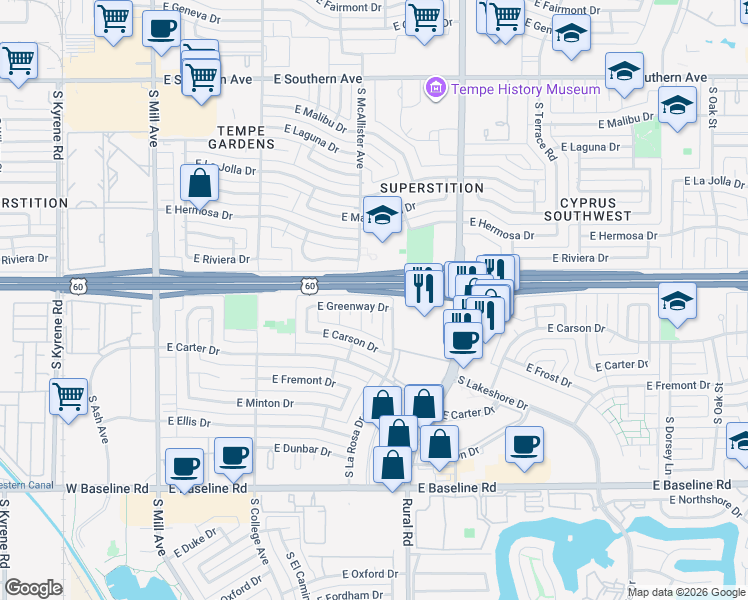 map of restaurants, bars, coffee shops, grocery stores, and more near 602 East Greenway Drive in Tempe