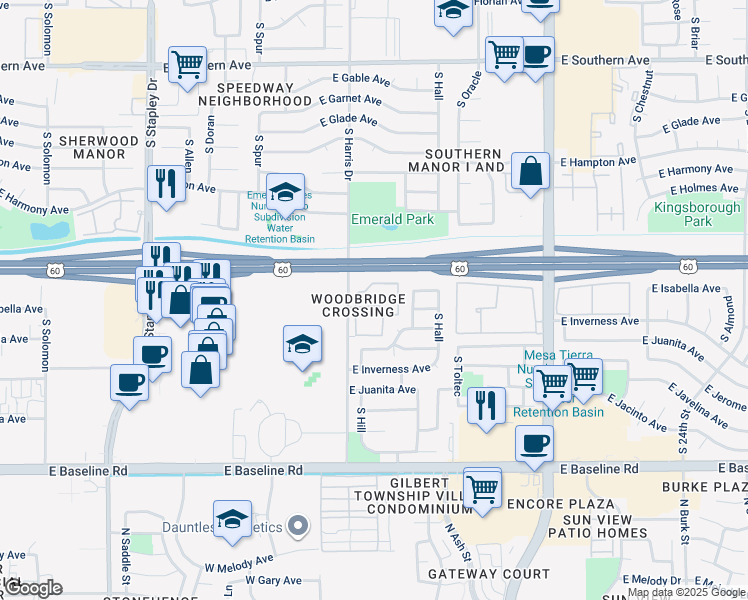 map of restaurants, bars, coffee shops, grocery stores, and more near 1653 South Harris Drive in Mesa