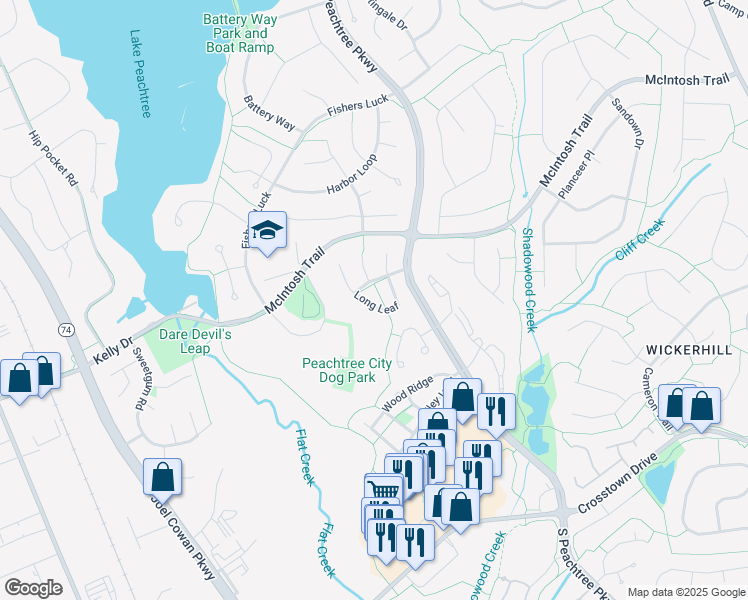 map of restaurants, bars, coffee shops, grocery stores, and more near 112 Long Leaf in Peachtree City
