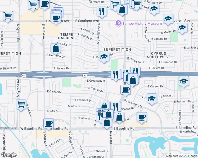 map of restaurants, bars, coffee shops, grocery stores, and more near 602 East Greenway Drive in Tempe