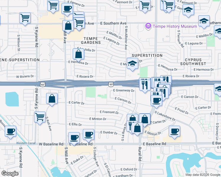 map of restaurants, bars, coffee shops, grocery stores, and more near 404 East Greenway Drive in Tempe